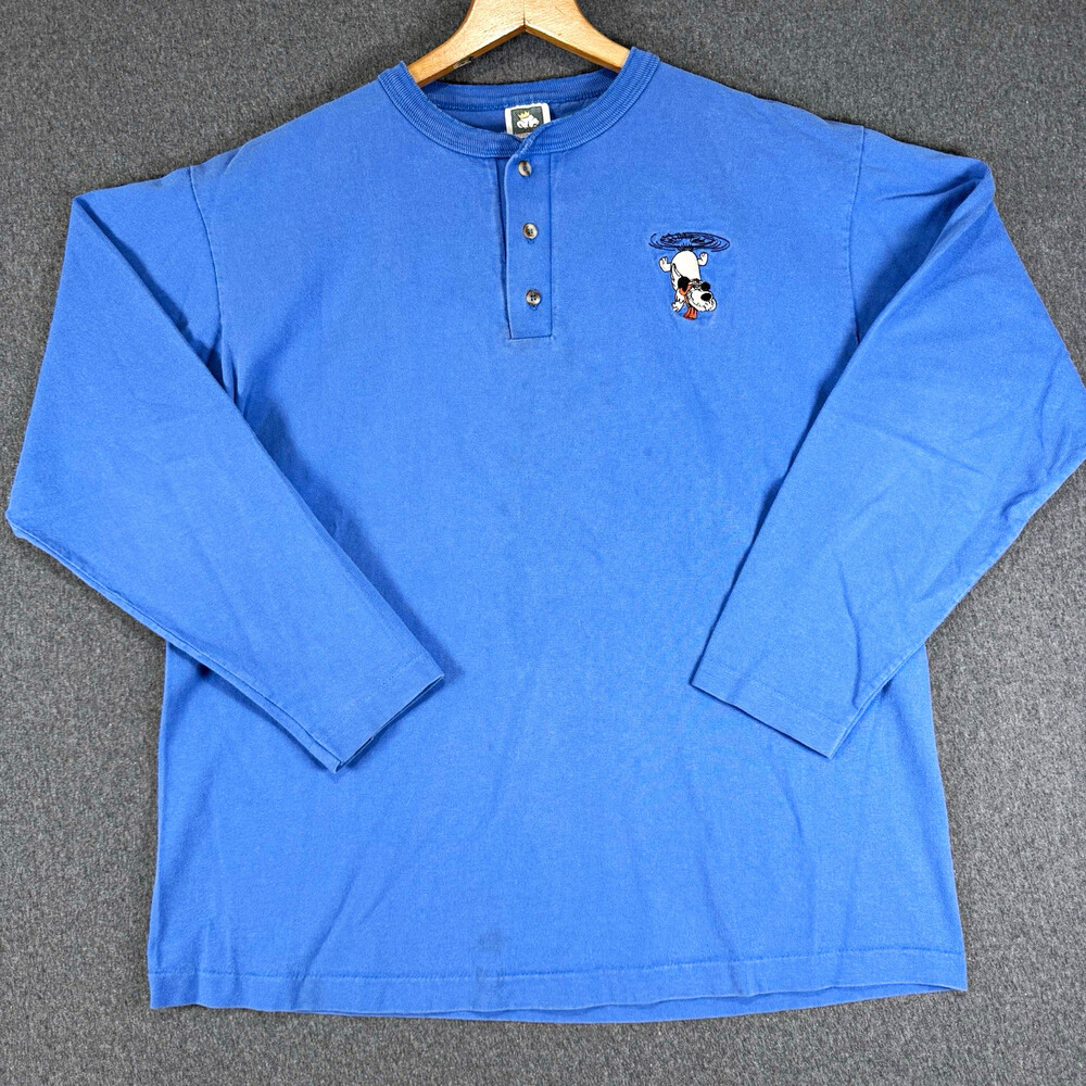 Anvil Cotton Deluxe Mens Large Blue Henley Bulldog Embroidered Shirt USA